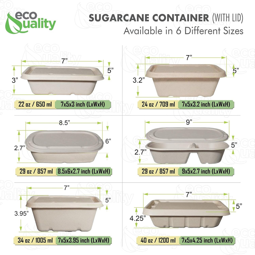 EcoQuality 40oz Disposable Bowls with Fiber Lids - Rectangular Compostable Sugarcane Fiber Biodegradable Paper Bowls Eco-Friendly Take Out Food Storage Containers, Microwave Safe, Meal Prep (500 PACK)