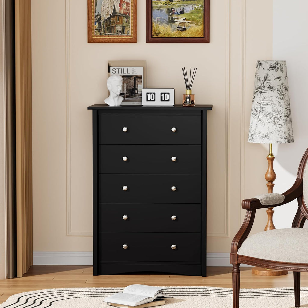 YESHOMY Tall Dresser for Bedroom with 5 Drawers, Modern Chest of Drawers, Wooden Dressers, TV Stand for Living Room,Closet, Hallway (Black)