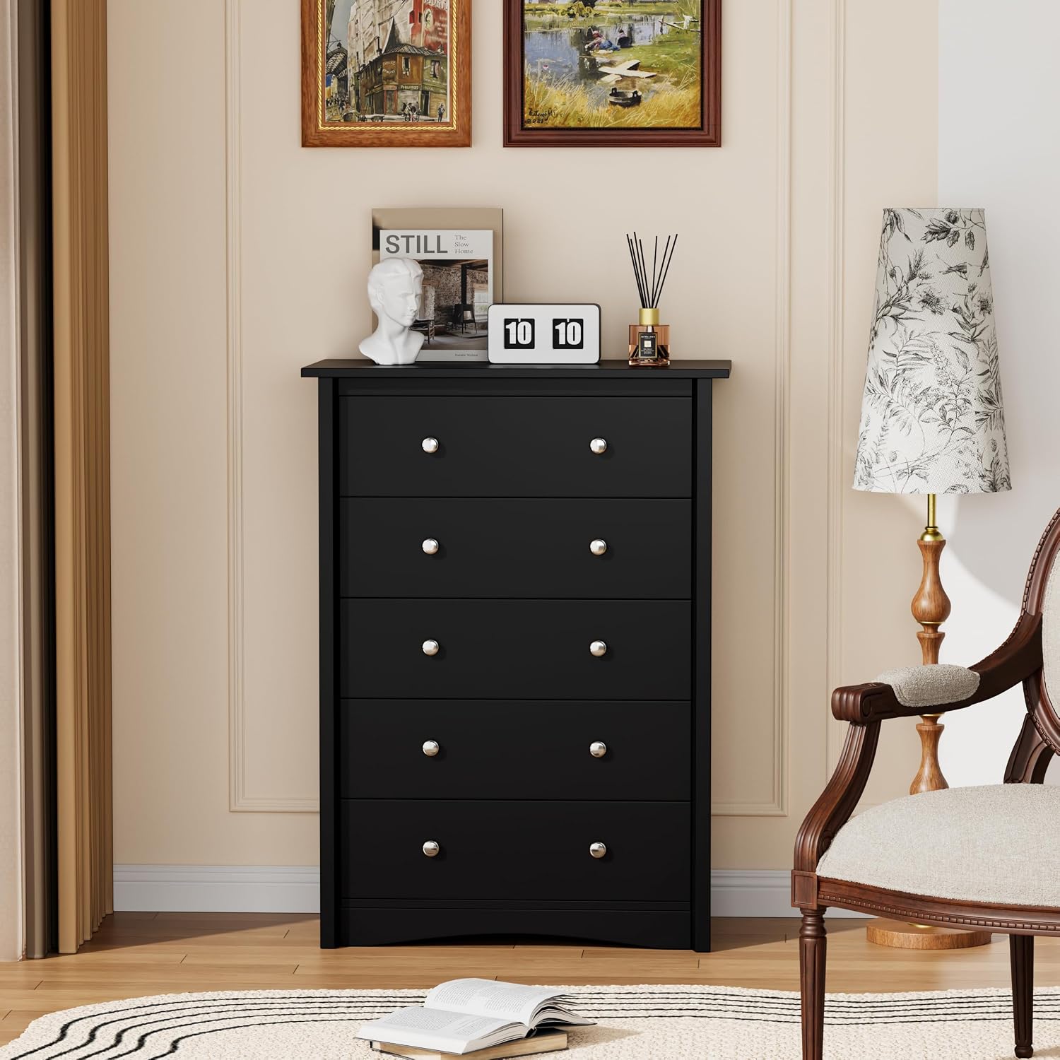 YESHOMY Tall Dresser for Bedroom with 5 Drawers, Modern Chest of Drawers, Wooden Dressers, TV Stand for Living Room,Closet, Hallway (Black)