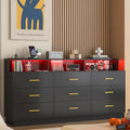 UNIQUITE Black 9 Drawer Dressers for Bedroom, Modern Large Dresser with LED Light and Power Outlet, Wooden Long Dresser for Bedroom, Entryway, Hallway