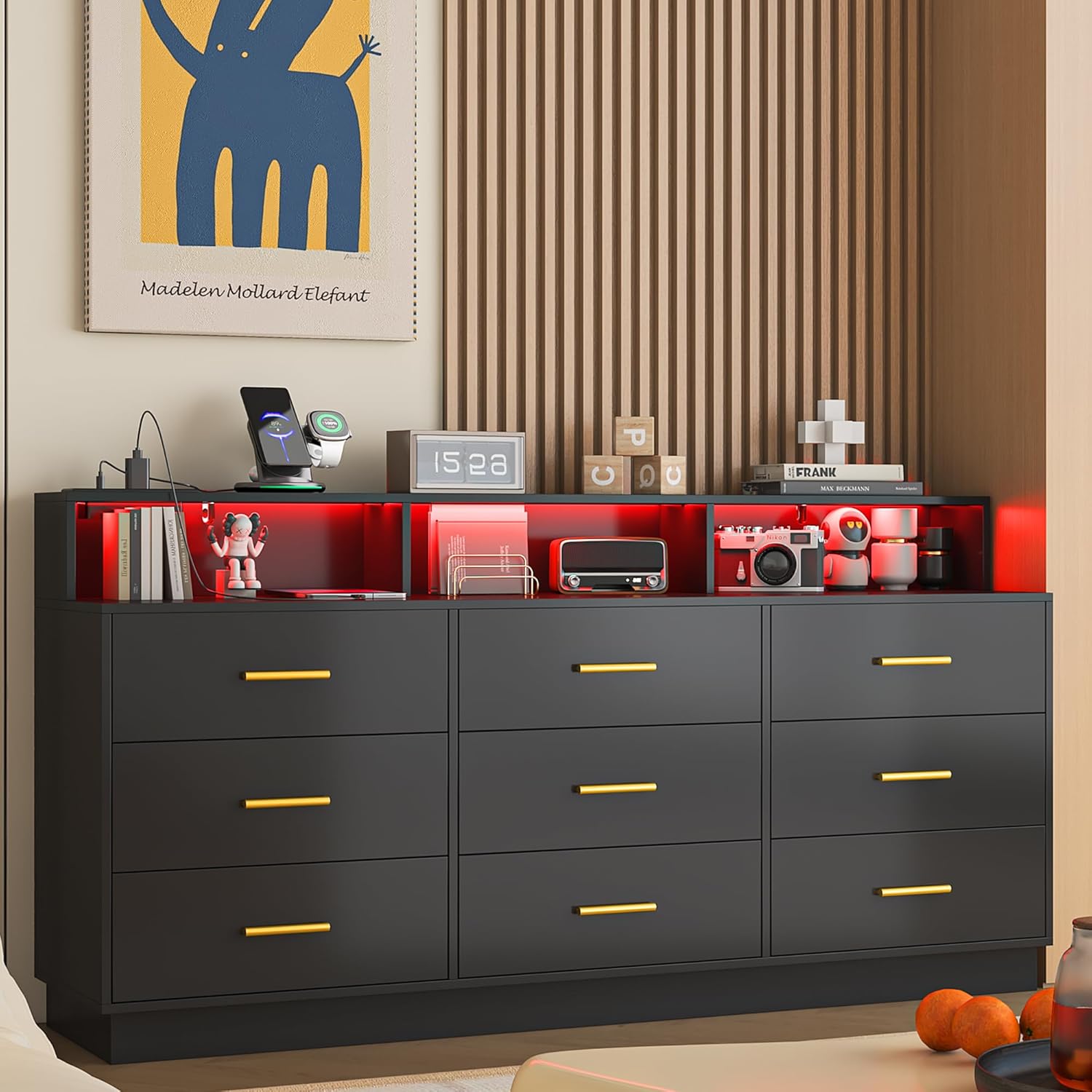 UNIQUITE Black 9 Drawer Dressers for Bedroom, Modern Large Dresser with LED Light and Power Outlet, Wooden Long Dresser for Bedroom, Entryway, Hallway