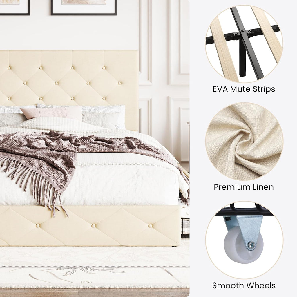 SHA CERLIN Upholstered Full Size Platform Bed Frame with 4 Storage Drawers, Adjustable Headboard with Diamond Stitched Button Tufted Design, Wooden Slat Support, No Box Spring Needed, Beige