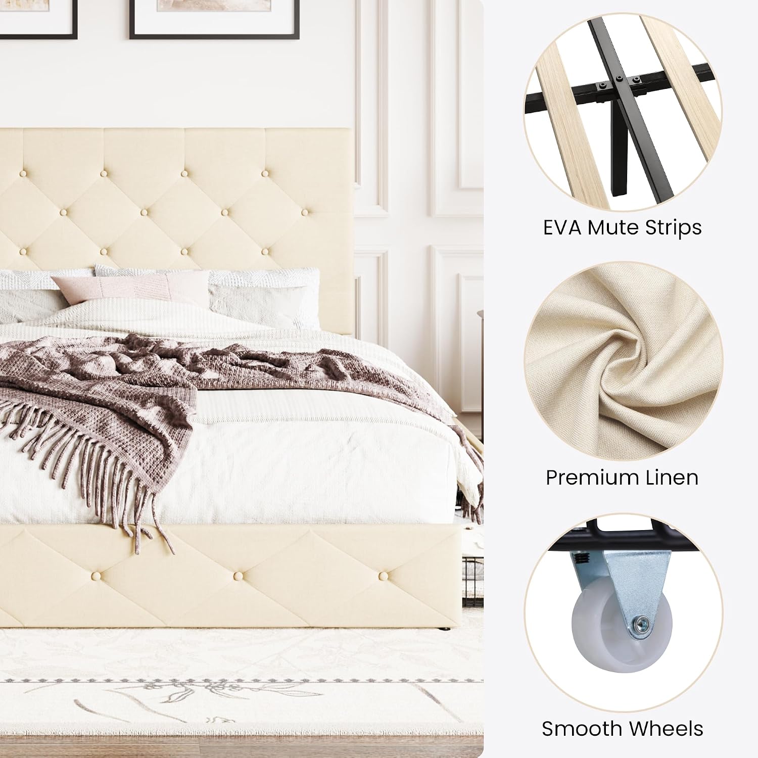 SHA CERLIN Upholstered Full Size Platform Bed Frame with 4 Storage Drawers, Adjustable Headboard with Diamond Stitched Button Tufted Design, Wooden Slat Support, No Box Spring Needed, Beige