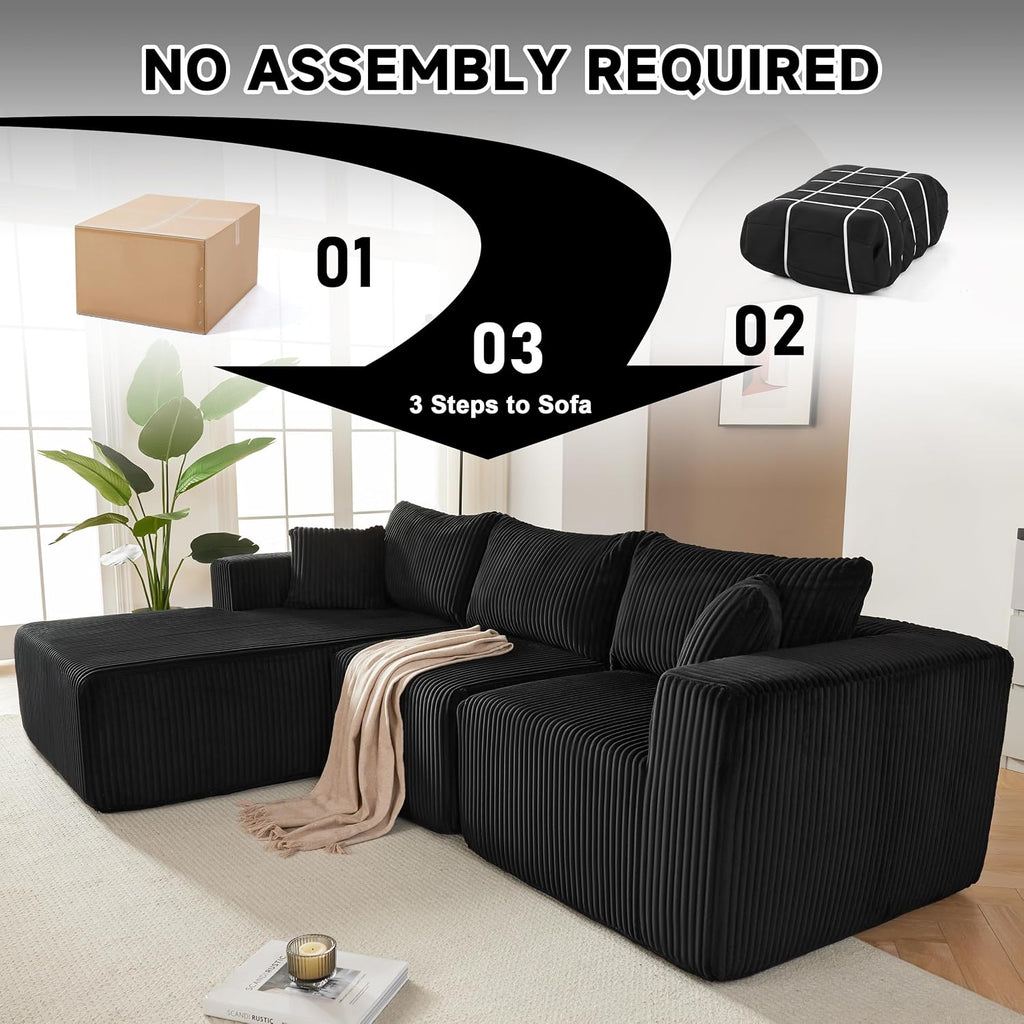 97' Boneless Couches for Living Room, Cloud Couch Sectional with Deep Seat, Comfy Couch with L-Shaped Chaise, Minimalist Upholstered Modular Sectional Sofa, No Assembly Required (Corduroy,Black)