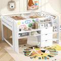 JIVOIT Full Size Loft Bed with Built-in Desk, Wooden Low Loft Bed with Storage Cabinets and Open Bookcase, Whiteboard for Graffiti, Safety Guardrail & Ladder, Easy Assembly (White//57)