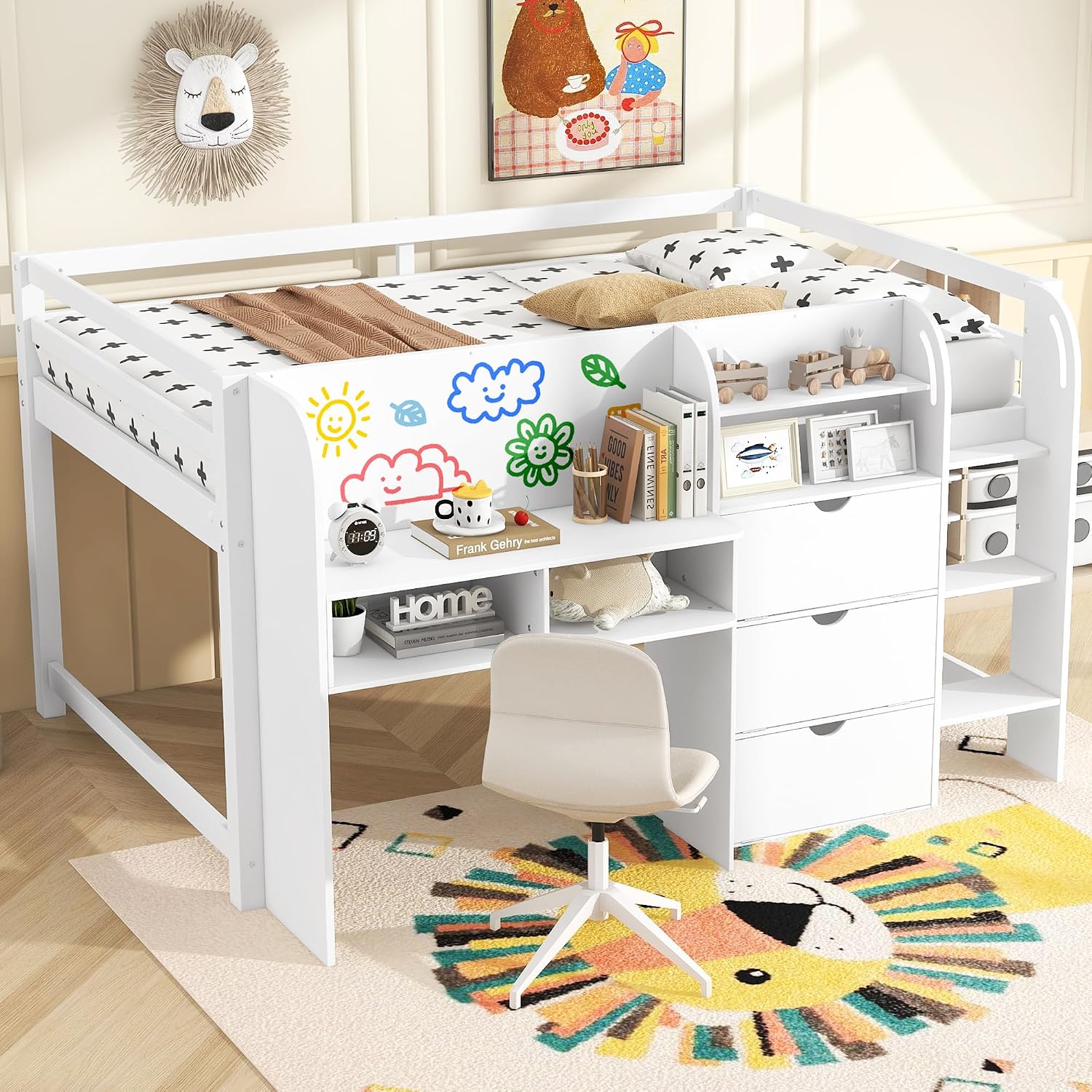 JIVOIT Full Size Loft Bed with Built-in Desk, Wooden Low Loft Bed with Storage Cabinets and Open Bookcase, Whiteboard for Graffiti, Safety Guardrail & Ladder, Easy Assembly (White//57)