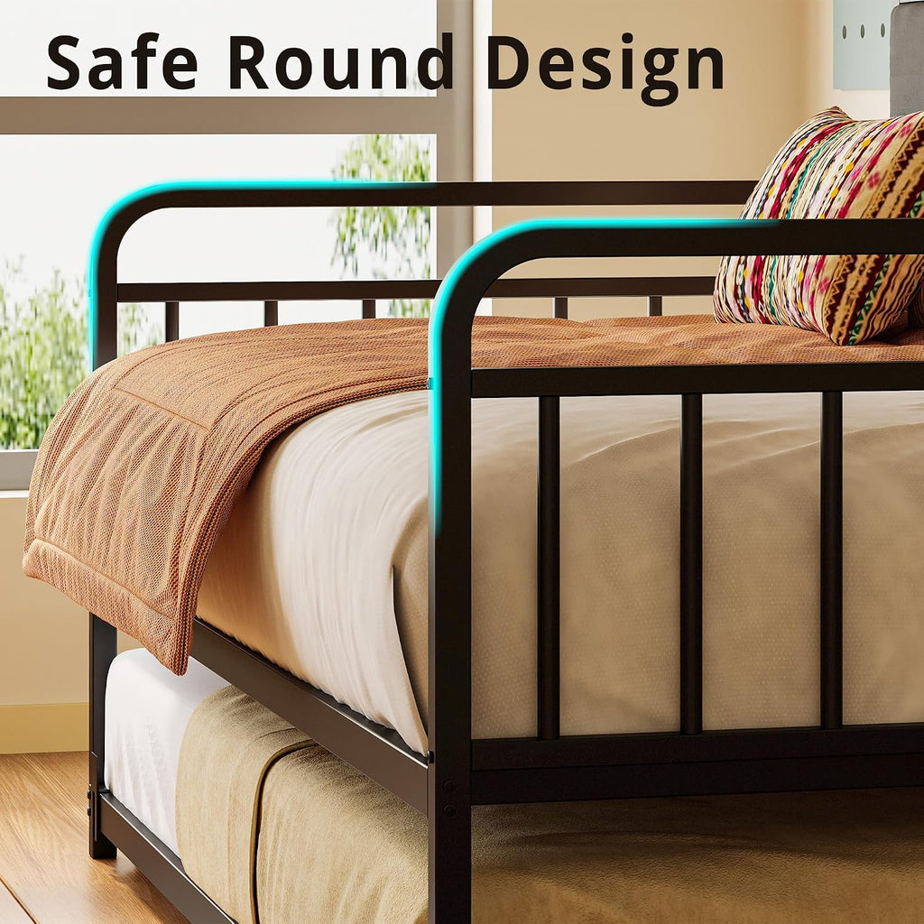 LIKIMIO Daybed with Trundle, Sturdy Metal Twin XL Size Bed Frame with Upholstered Headboard and Charging Station for Living Room, Bedroom and Guest Room, Black
