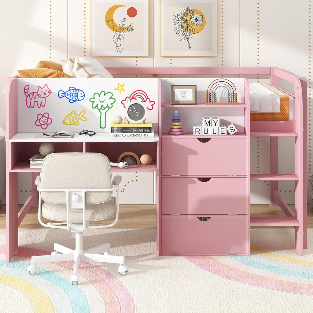 JIVOIT Full Size Loft Bed with Built-in Desk, Wooden Low Loft Bed with Storage Cabinets and Open Bookcase, Whiteboard for Graffiti, Safety Guardrail & Ladder, Easy Assembly (Pink//57)