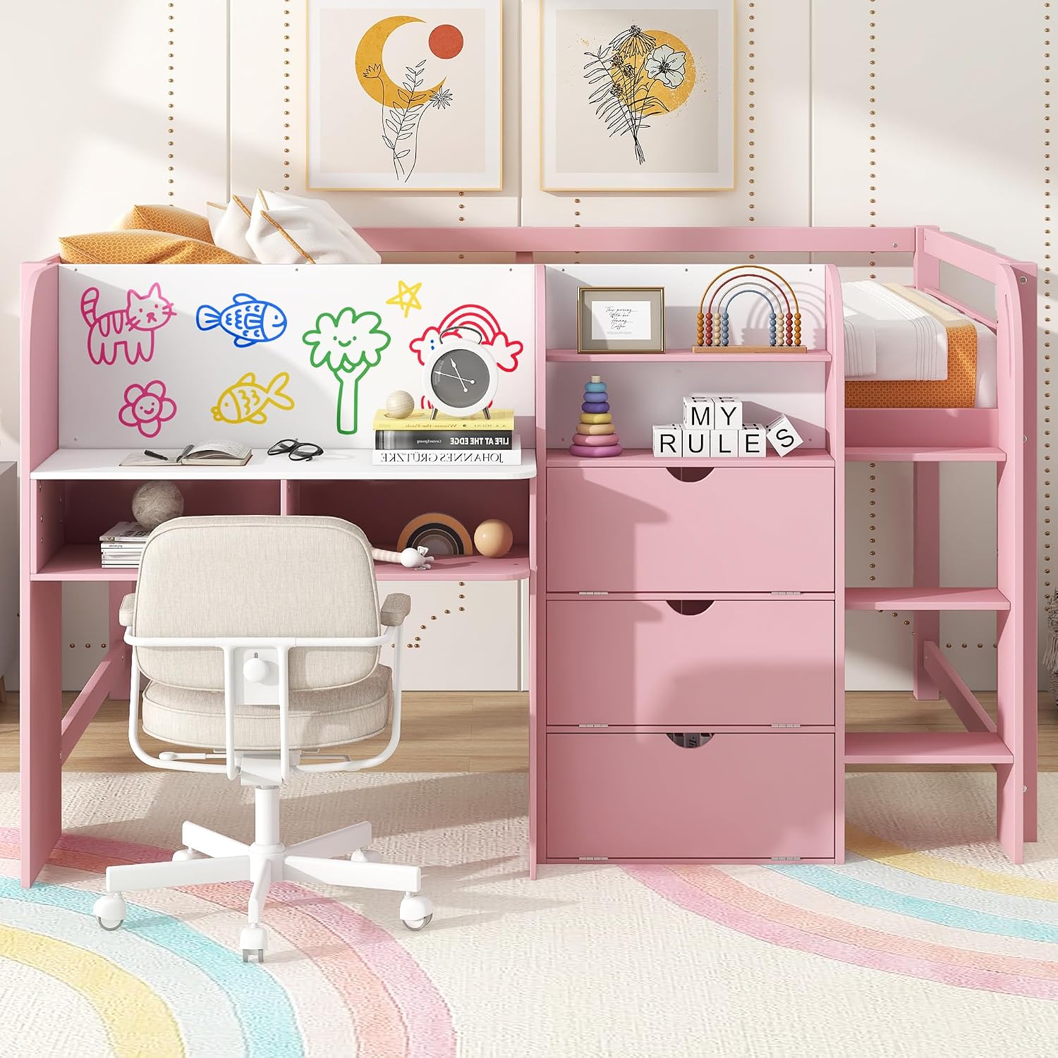 JIVOIT Full Size Loft Bed with Built-in Desk, Wooden Low Loft Bed with Storage Cabinets and Open Bookcase, Whiteboard for Graffiti, Safety Guardrail & Ladder, Easy Assembly (Pink//57)