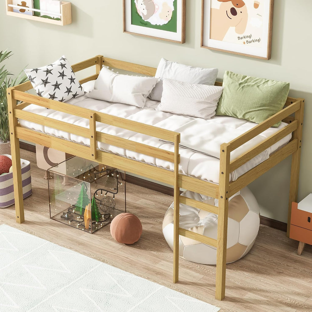 JIVOIT Twin Size Loft Bed with Ladder, Solid Rubber Wooden Low Height Loft Bed, Bed Platform of Strengthened Slats, No Box Spring Needed (Natural//14)