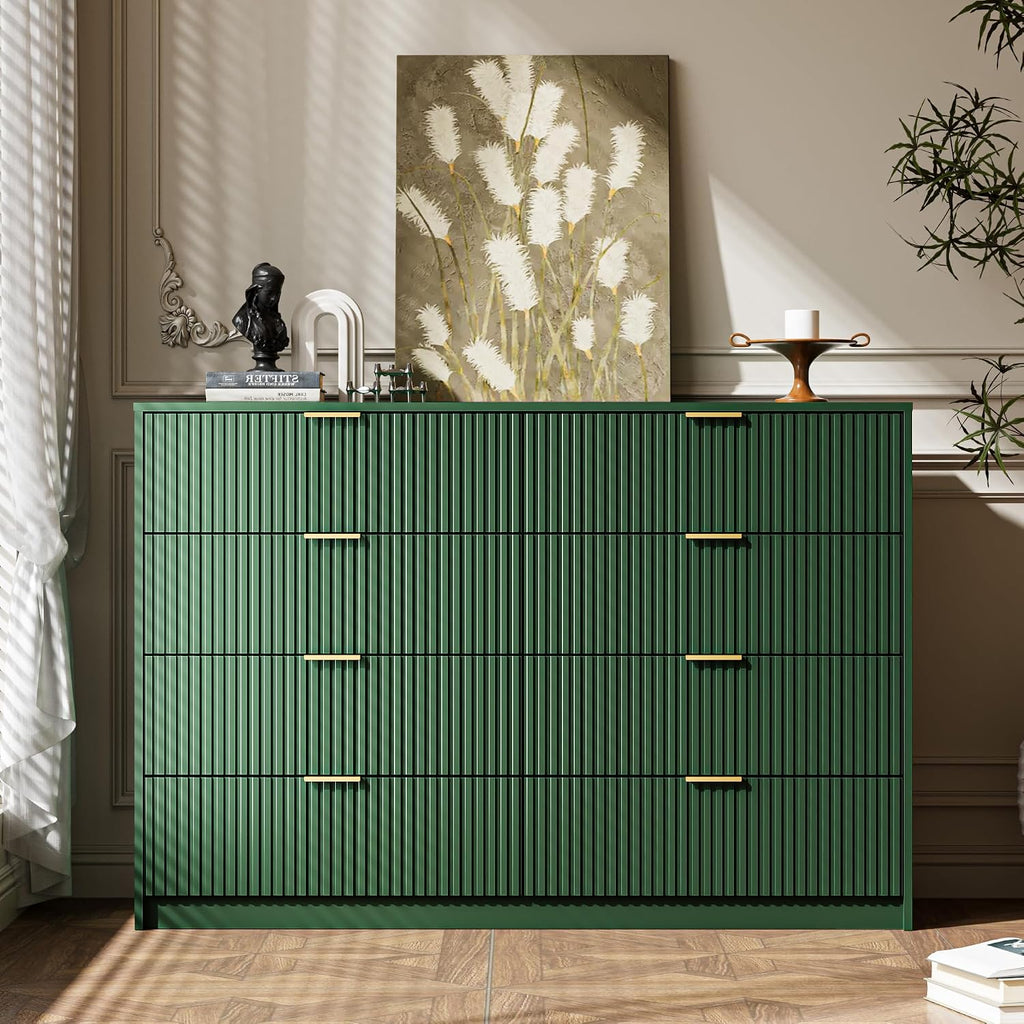 MAISONARIA Green Dresser for Bedroom, 8 Drawer Double Dresser, Modern Chest of Drawers for Bedroom, Living Room, Entryway and Closet, 55' L x 15.7' D x 37.4' H