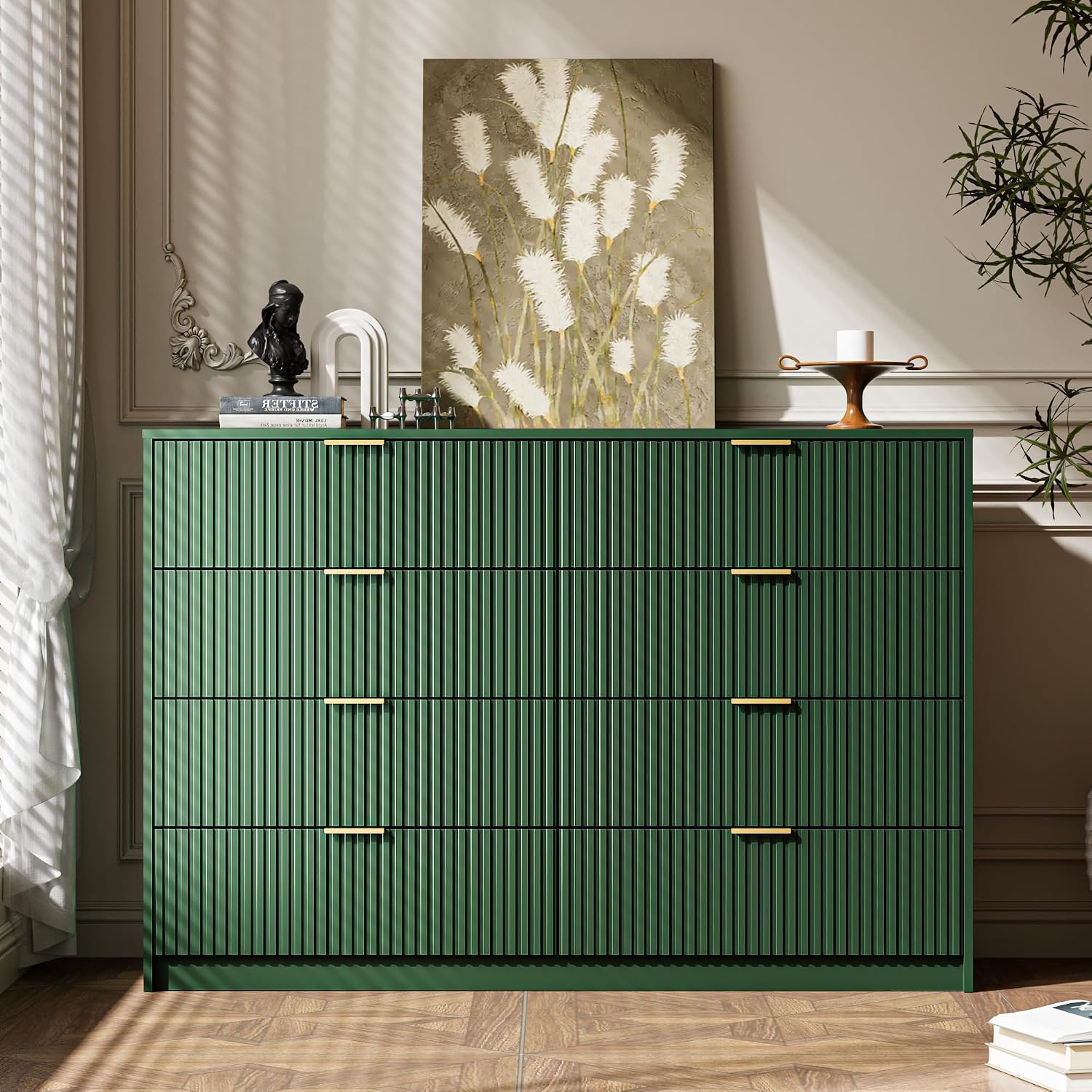 MAISONARIA Green Dresser for Bedroom, 8 Drawer Double Dresser, Modern Chest of Drawers for Bedroom, Living Room, Entryway and Closet, 55' L x 15.7' D x 37.4' H