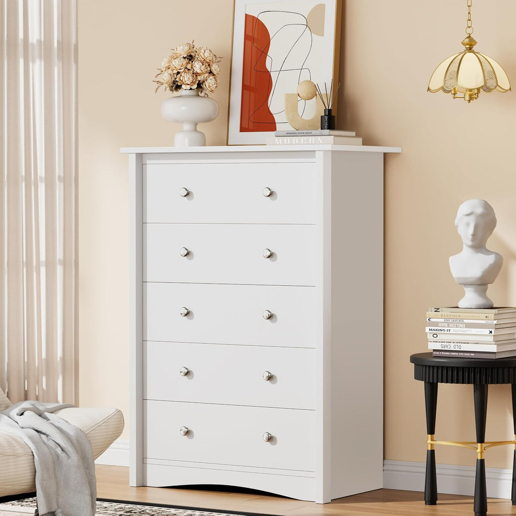 YESHOMY Tall Dresser for Bedroom with 5 Drawers, Modern Chest of Drawers, Wooden Dressers, TV Stand for Living Room,Closet, Hallway (White)