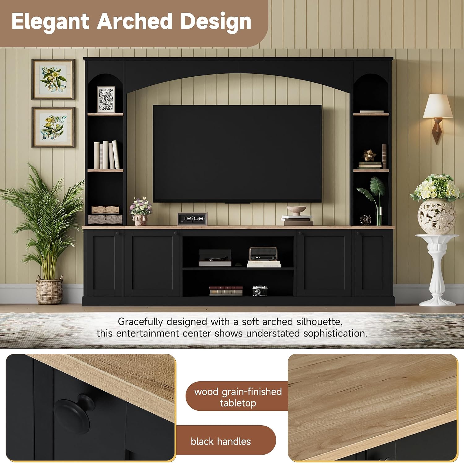 Farmhouse Entertainment Center with Bookshelves, Modern 4-Piece Wall Unit TV Stand Set for TVs up to 70', Elegant Arched Media Console Unit with Adjustable Shelves for Living Room, Black