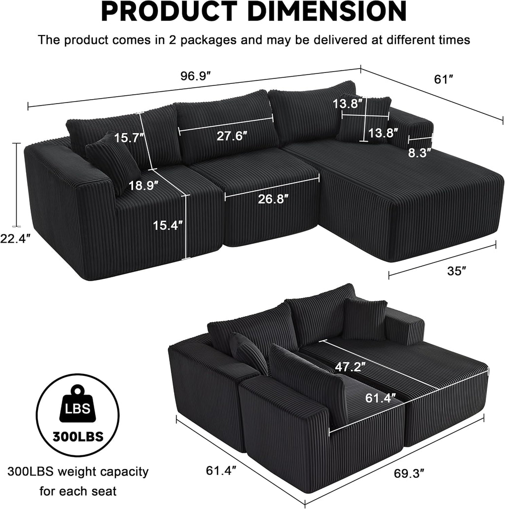 97' Boneless Couches for Living Room, Cloud Couch Sectional with Deep Seat, Comfy Couch with L-Shaped Chaise, Minimalist Upholstered Modular Sectional Sofa, No Assembly (Corduroy,Black)