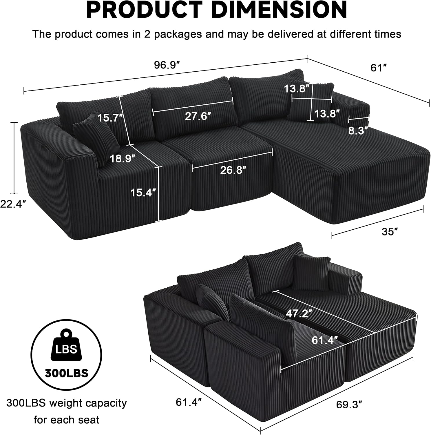 97' Boneless Couches for Living Room, Cloud Couch Sectional with Deep Seat, Comfy Couch with L-Shaped Chaise, Minimalist Upholstered Modular Sectional Sofa, No Assembly (Corduroy,Black)