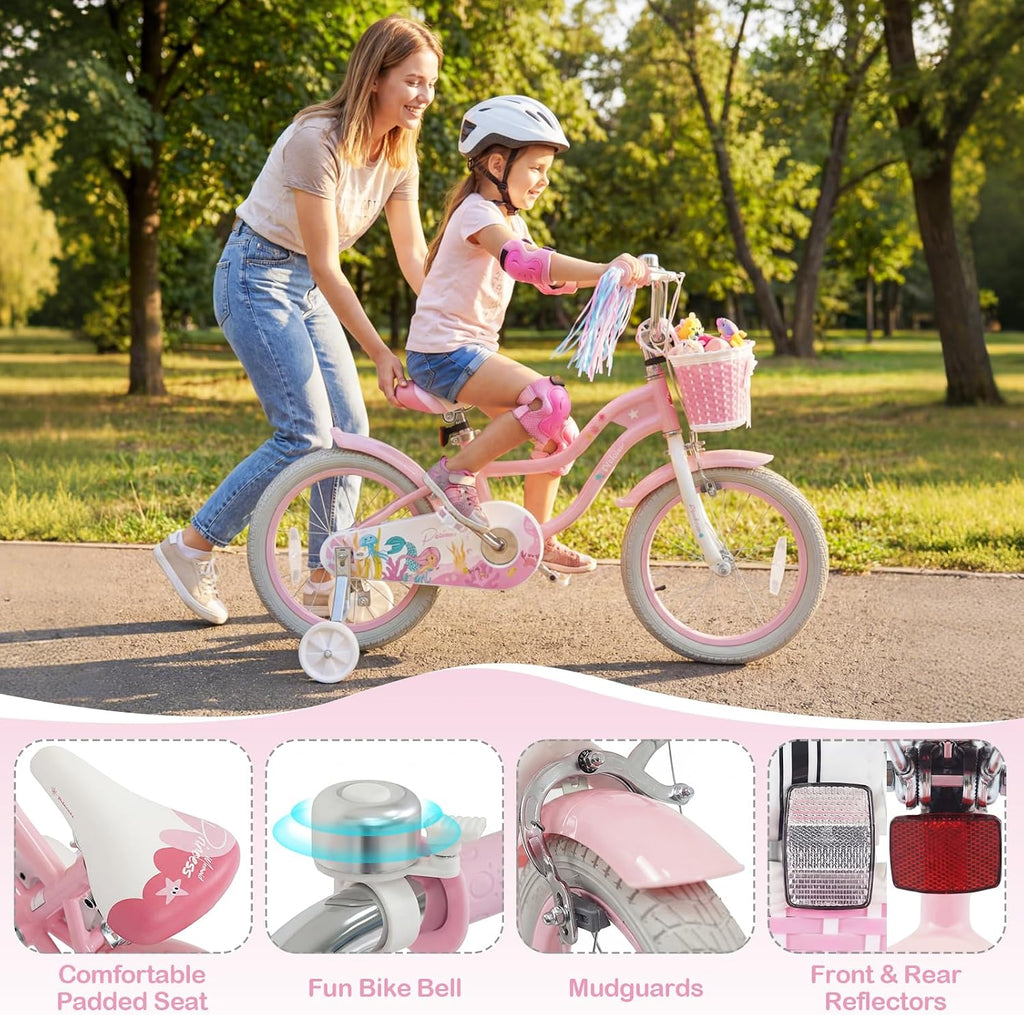 HONEY JOY Kids Bike, 12 14 16 18 Inch Girls Bike w/Training Wheels, Streamers, Basket, Handbrake & Coaster Brake, Fully Enclosed Chain, Mermaid Princess Children Bike for 3-8 Years Old