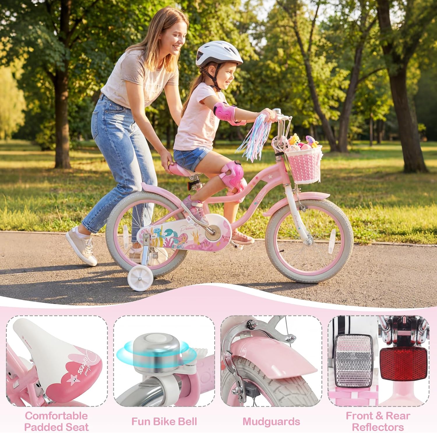 HONEY JOY Kids Bike, 12 14 16 18 Inch Girls Bike w/Training Wheels, Streamers, Basket, Handbrake & Coaster Brake, Fully Enclosed Chain, Mermaid Princess Children Bike for 3-8 Years Old