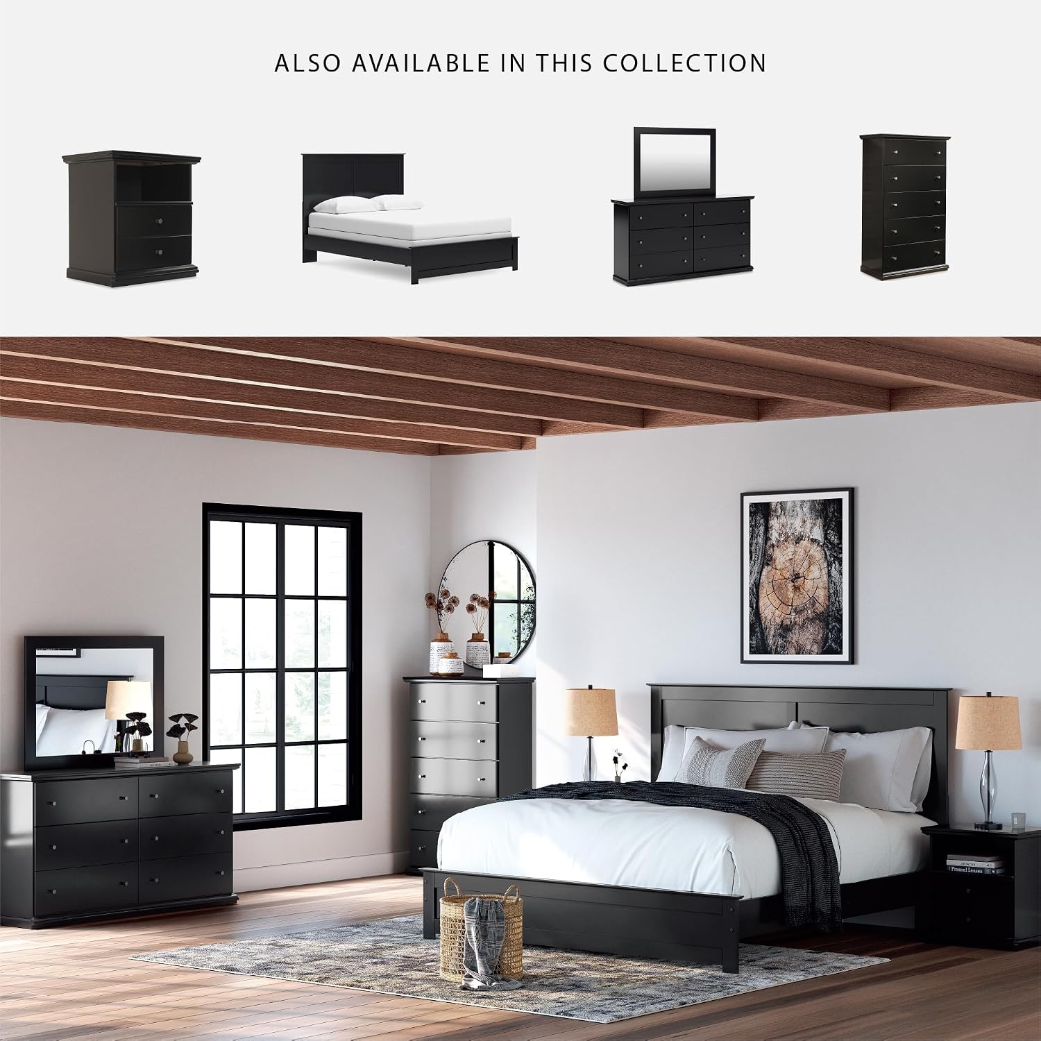 Signature Design by Ashley Maribel Traditional 6-Drawer Dresser and Mirror with Safety Stop, Black