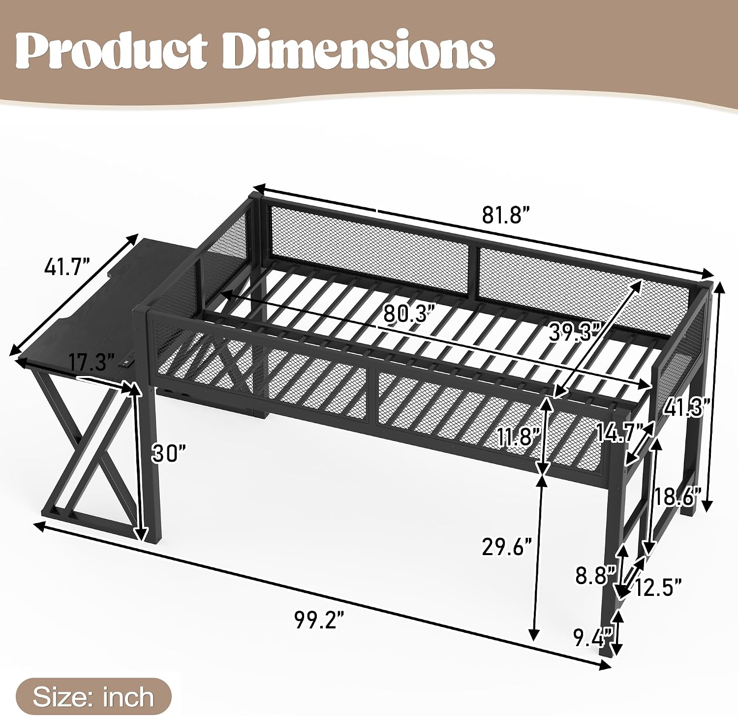 Twin XL Size Gaming Loft Bed with Desk of X-Shaped Leg, LED Lights & USB Ports, Space-Saving Low Metal Loft Bed Frame with Ladder & Mesh Guardrail for Dorm, Bedroom & Gaming Setups (Black-03, Twin XL)