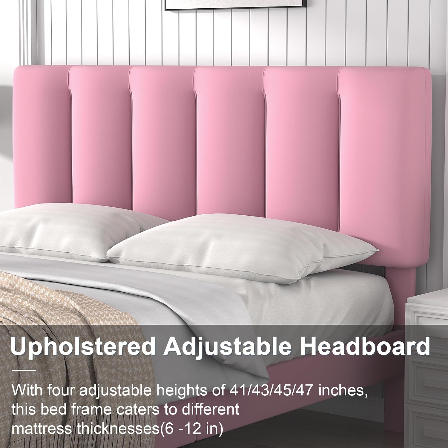 VECELO Full Bed Frames, Upholstered Platform Bedframe, Adjustable Headboard, Wood Slat Support, No Box Spring Needed, Easy Assembly, Cherry Pink