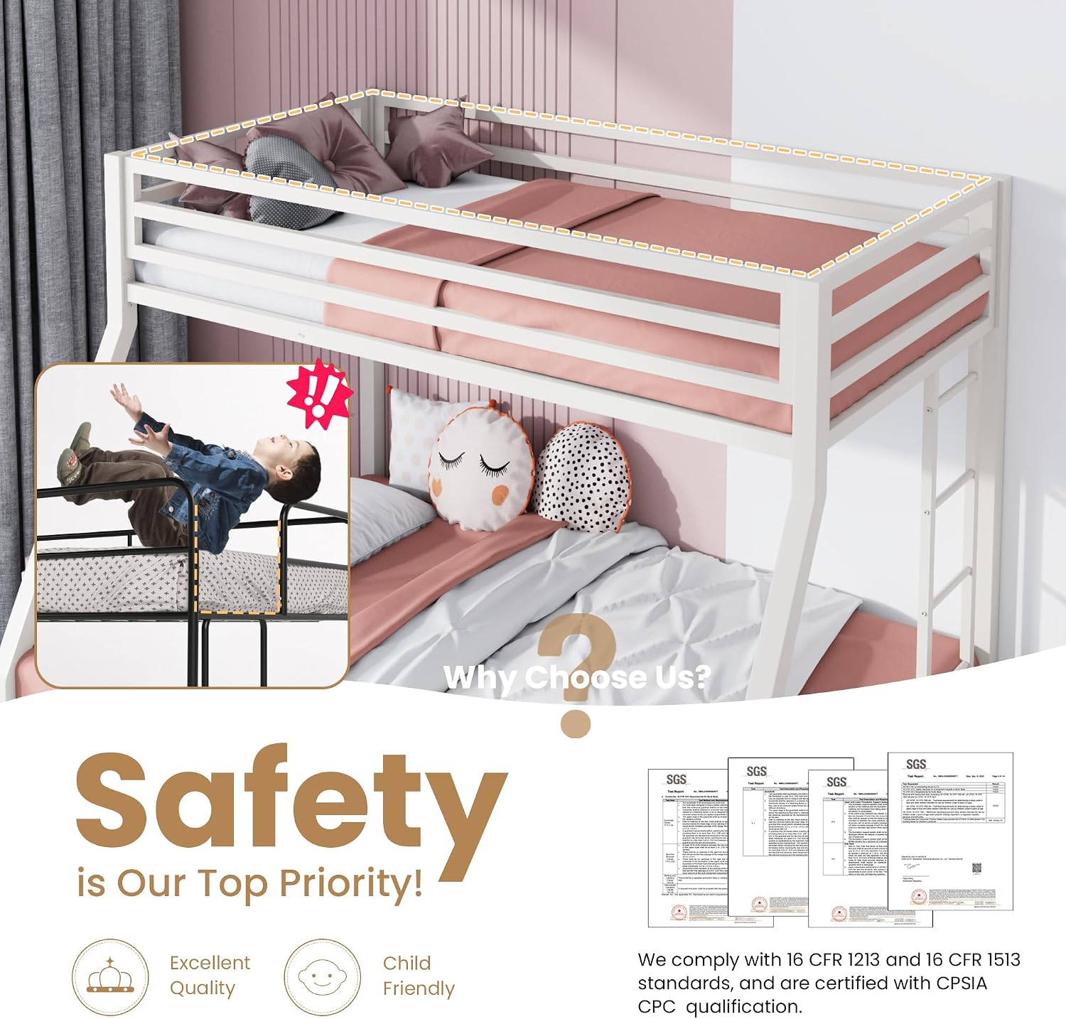 SHA CERLIN Loft Bunk Bed Twin Over Full Size with Ladder and Guardrail,Heavy Duty Metal Slats Support No Box Spring Needed Small Space Saving Furniture for Bedroom Dorm,White