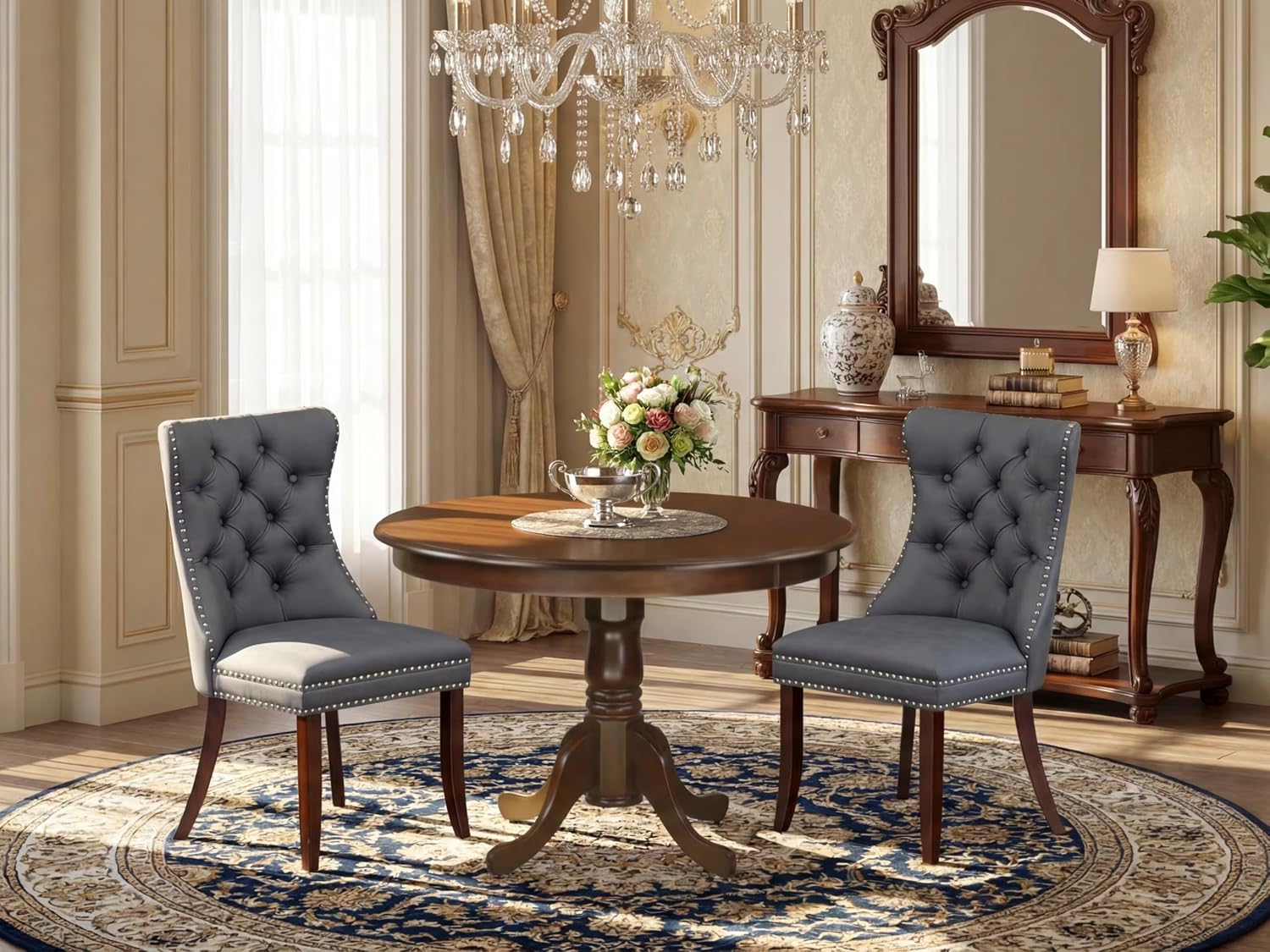 East West Furniture HLDA3-MAH-13 3 Piece Kitchen Table & Chairs Set Includes a Round Dining Table with Pedestal and 2 Polyester Fabric Upholstered Chairs, 42x42 Inch, Mahogany