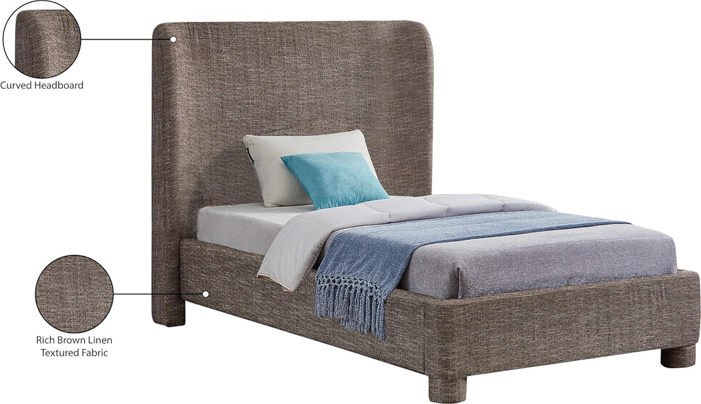 Meridian Furniture B1205Brown-T Penny Collection Modern | Contemporary Twin Bed with Rich Brown Linen Textured Fabric, Curved Headboard, 52' W x 82.5' D x 52' H, Brown, Twin