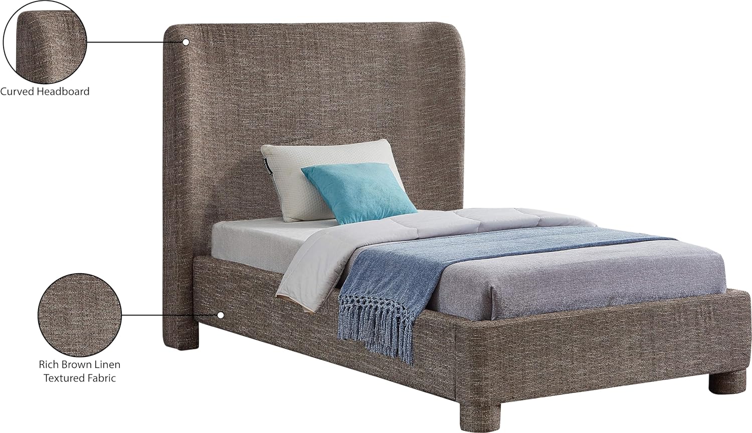 Meridian Furniture B1205Brown-T Penny Collection Modern | Contemporary Twin Bed with Rich Brown Linen Textured Fabric, Curved Headboard, 52' W x 82.5' D x 52' H, Brown, Twin