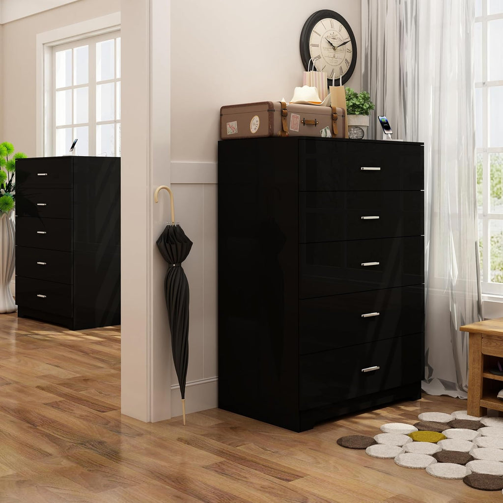 GEPELCN Dresser for Bedroom with Power Outlets Wood 5 Drawer Dresser with Large Storage Space Black Chest of Drawers with Smooth Metal Rail Tall Storage Organizer for Bedroom Living Room Closet