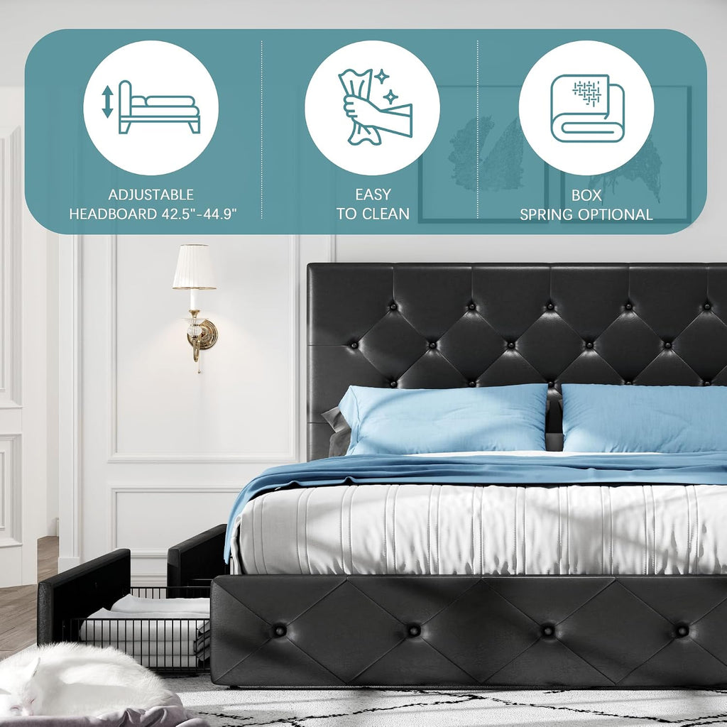 HOOMIC Full Size Platform Storage Bed Frame with 4 Drawers & Adjustable Headboard, Wooden Slats, No Box Spring Needed,Diamond Stitched Button Tufted Design,Black