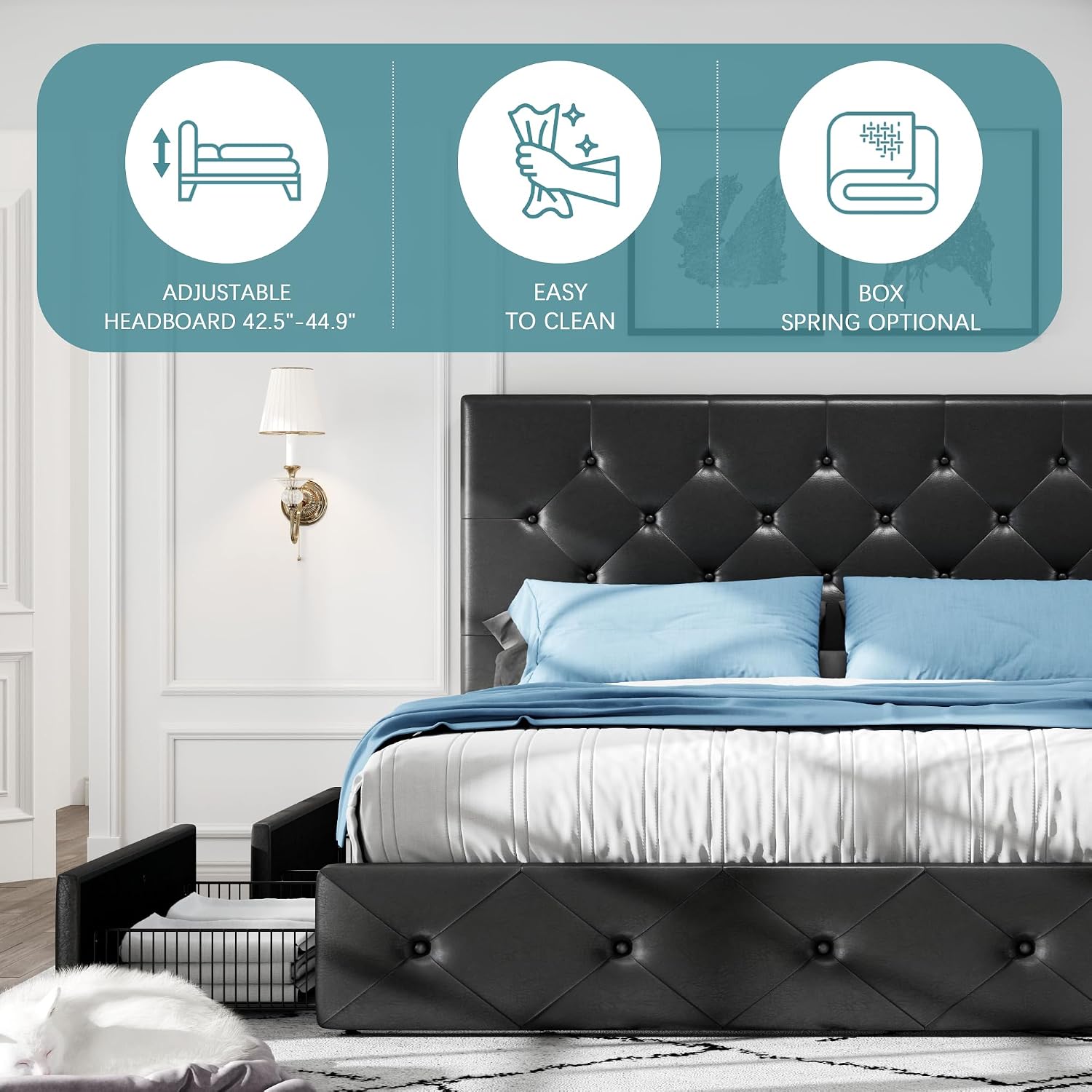 HOOMIC Full Size Platform Storage Bed Frame with 4 Drawers & Adjustable Headboard, Wooden Slats, No Box Spring Needed,Diamond Stitched Button Tufted Design,Black