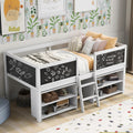 JIVOIT Twin Size Low Loft Bed with Decorative Guardrail Chalkboard, Wooden Loft Bed Frame with Two Movable Shelves and Ladder, Space Saving Design for Kids Teens Bedroom (White & 4 Chalkboard)