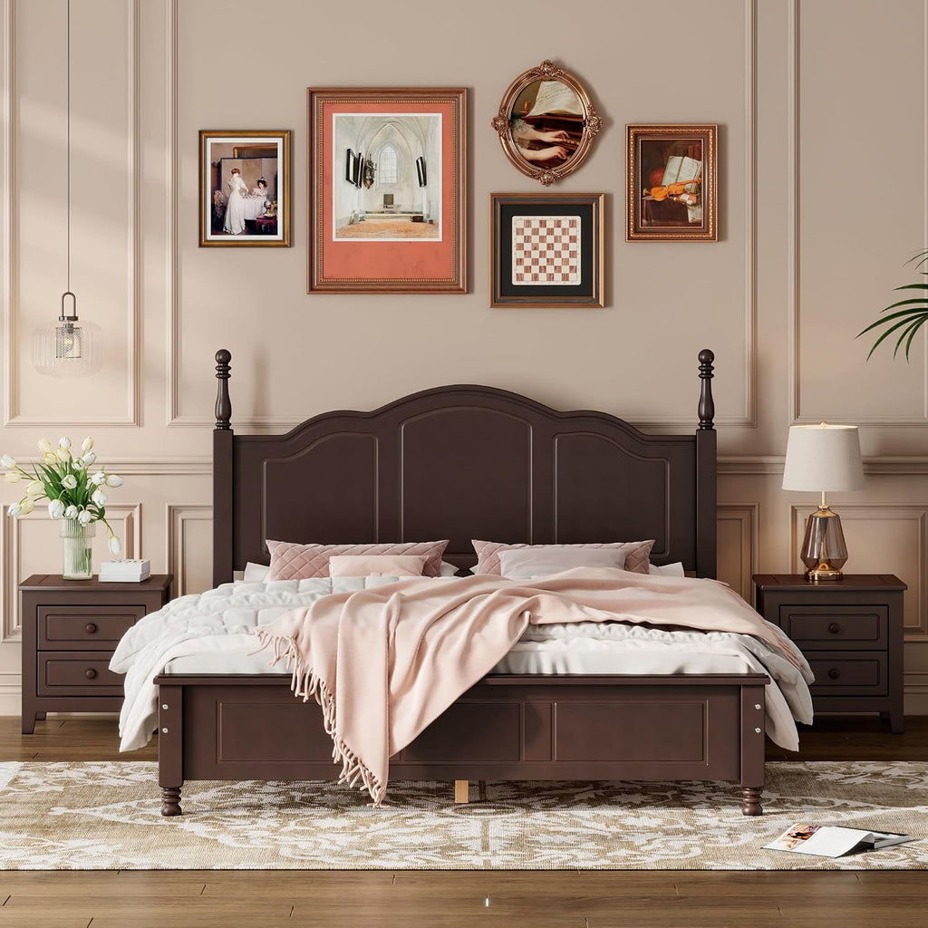 3 Piece Queen Bedroom Set, 3 Pieces Bedroom Sets Queen Size Wood Platform Bed and 2 Nightstands, 3 Piece Wood Bedroom Furniture Set, Dark Walnut