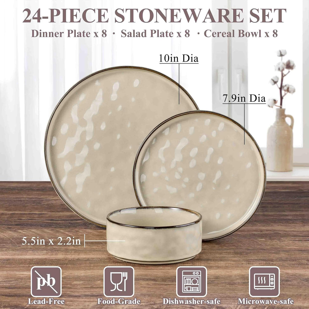 Herogo Plates and Bowls Dinnerware Sets for 8, 24 Pieces Stoneware Dishes Sets, Dishware for Dinner, Salad, Dessert, Dishwasher & Microwave Safe, Cream Khaki