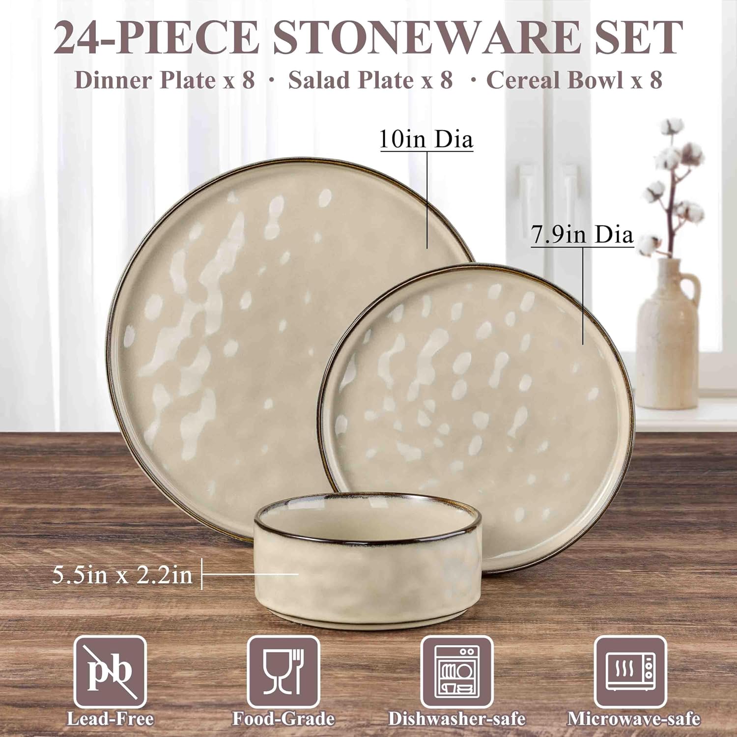 Herogo Plates and Bowls Dinnerware Sets for 8, 24 Pieces Stoneware Dishes Sets, Dishware for Dinner, Salad, Dessert, Dishwasher & Microwave Safe, Cream Khaki