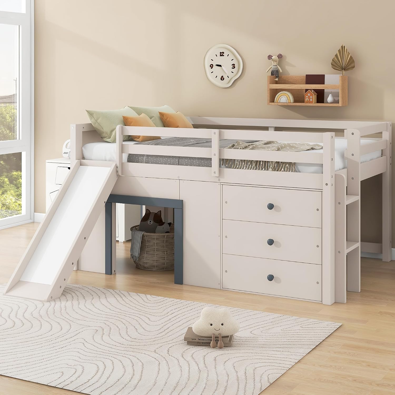 JIVOIT Wooden Low Loft Bed with Slide, Full Size Loft Bed with Three Storage Drawers and Two Doors, Wood Slat Support, No Box Spring Required