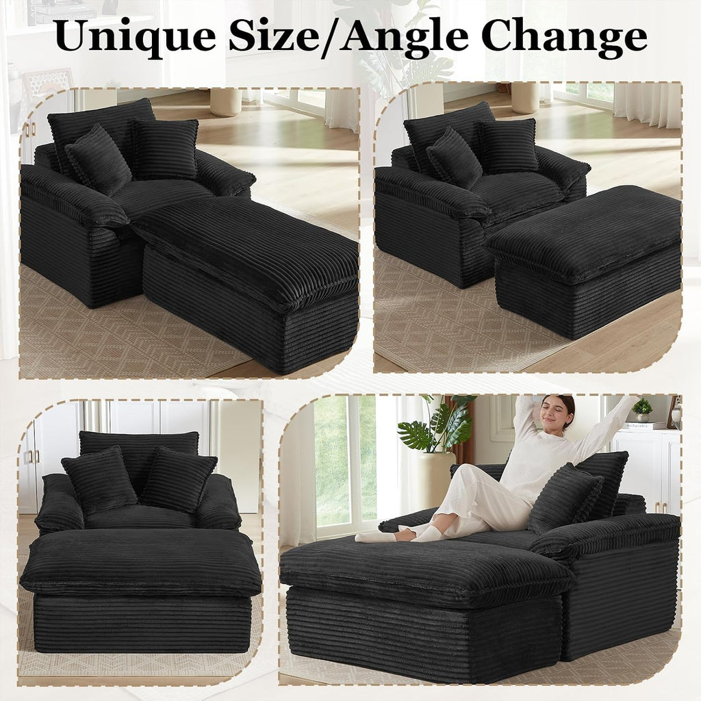 52' Oversized Chaise Lounge Chair Indoor, Corduroy Boneless Chaise Lounge with 2 Pillows, Comfy Reading Chair with Ottoman, Black Sleeper Chair for Adults Living Room Bedroom Apartment (Black)