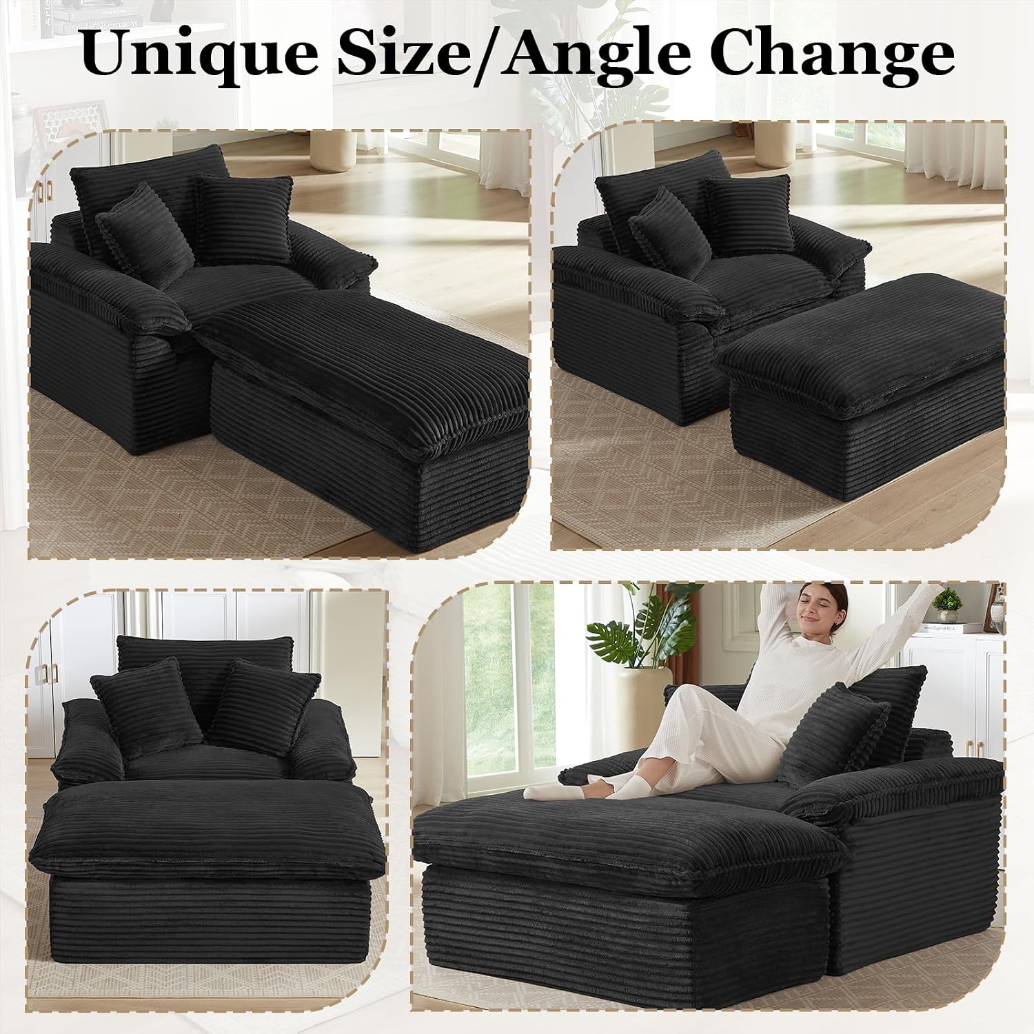 52' Oversized Chaise Lounge Chair Indoor, Corduroy Boneless Chaise Lounge with 2 Pillows, Comfy Reading Chair with Ottoman, Black Sleeper Chair for Adults Living Room Bedroom Apartment (Black)