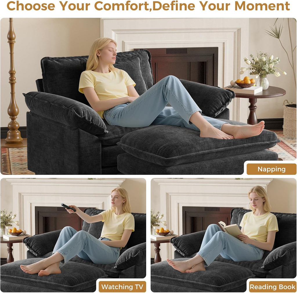 HUSFU Oversized Accent Chair with Ottoman, Chenille Cloud Couch Chair with Deep Seat and Extra Wide Armrests, Comfy Reading Armchair for Bedroom, Living Room, Set of 2, Black