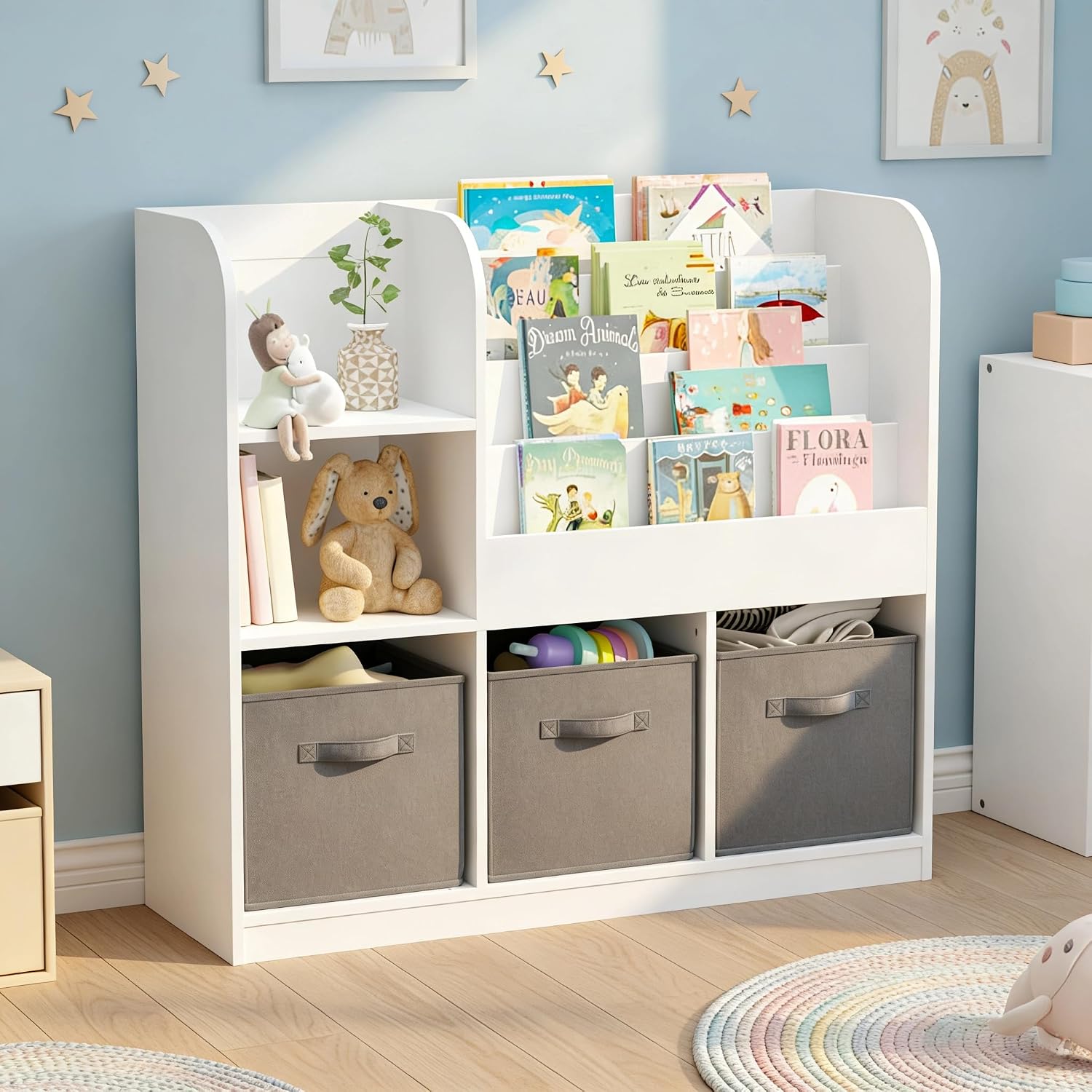 Kids Bookshelf, Wooden Kids Bookcase with 3 Storage Bins for Toy Storage, 4-Tier Shelf for Books & Reading, Multifunctional Toy Box with Bookshelf for Nursery & Bedroom Organization