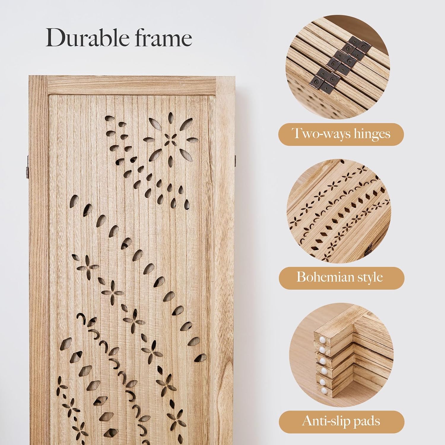 66.9Inch Folding Room Divider, 6 Panels Wood Carved Privacy Screens, Free Assembled Freestanding Partition for Home Office Restaurant Bedroom (Natural)