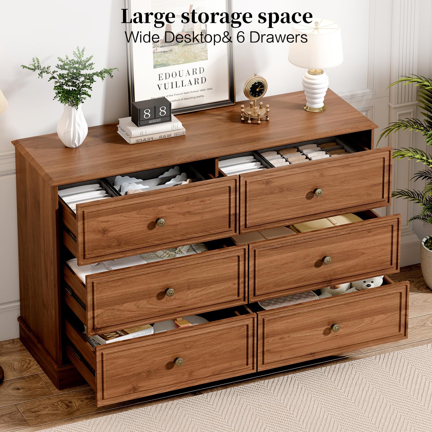 Chrangmay Modern Chest of Drawers with 6 Drawers,Deep Drawers,Clothes Organizer,Large Storage Cabinet for Living Room, Bedroom,Hallway,with Anti-Tipping Device,Brown