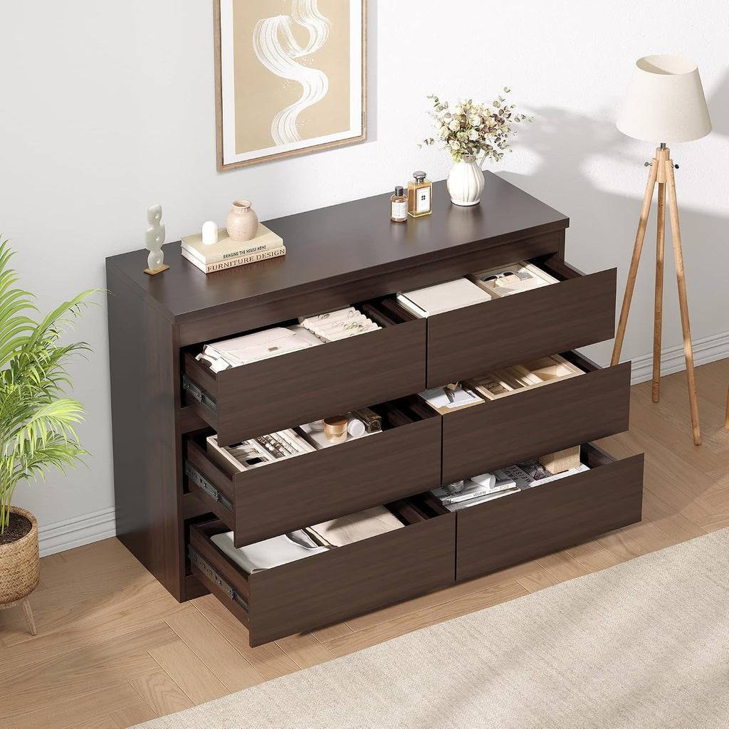 Jocoevol Modern 6 Drawer Dresser Brown Dresser for Bedroom, Simply Chest of Drawers, Wood Storage Dresser with Deep Drawers for Living Room Hallway Entryway, Brown
