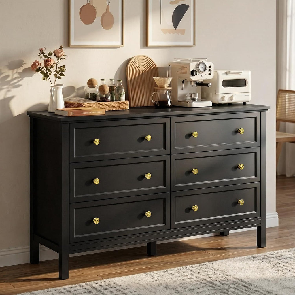 LYNSOM Black Dresser for Bedroom, 6 Drawer Dresser with Wide Drawer and Metal Handles, Wood Dressers & Chests of Drawers for Hallway, Entryway