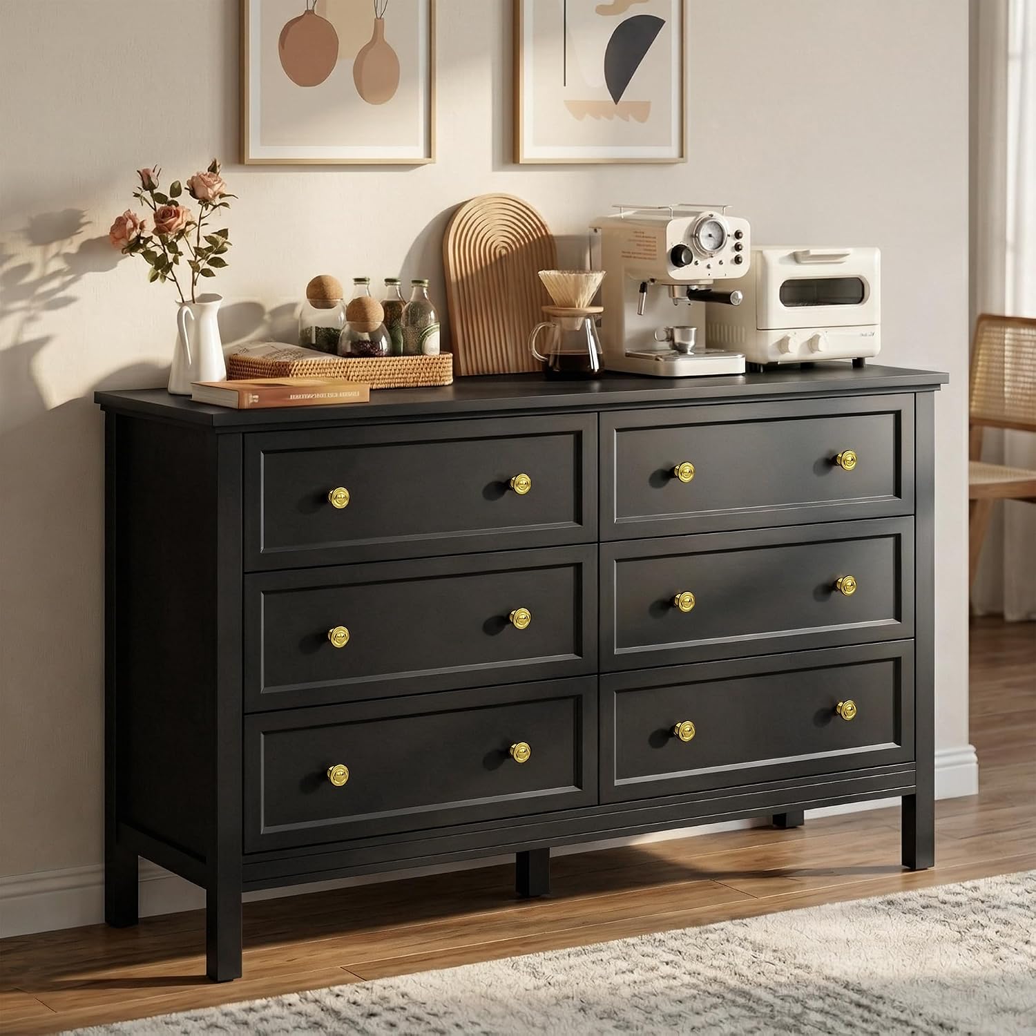 LYNSOM Black Dresser for Bedroom, 6 Drawer Dresser with Wide Drawer and Metal Handles, Wood Dressers & Chests of Drawers for Hallway, Entryway