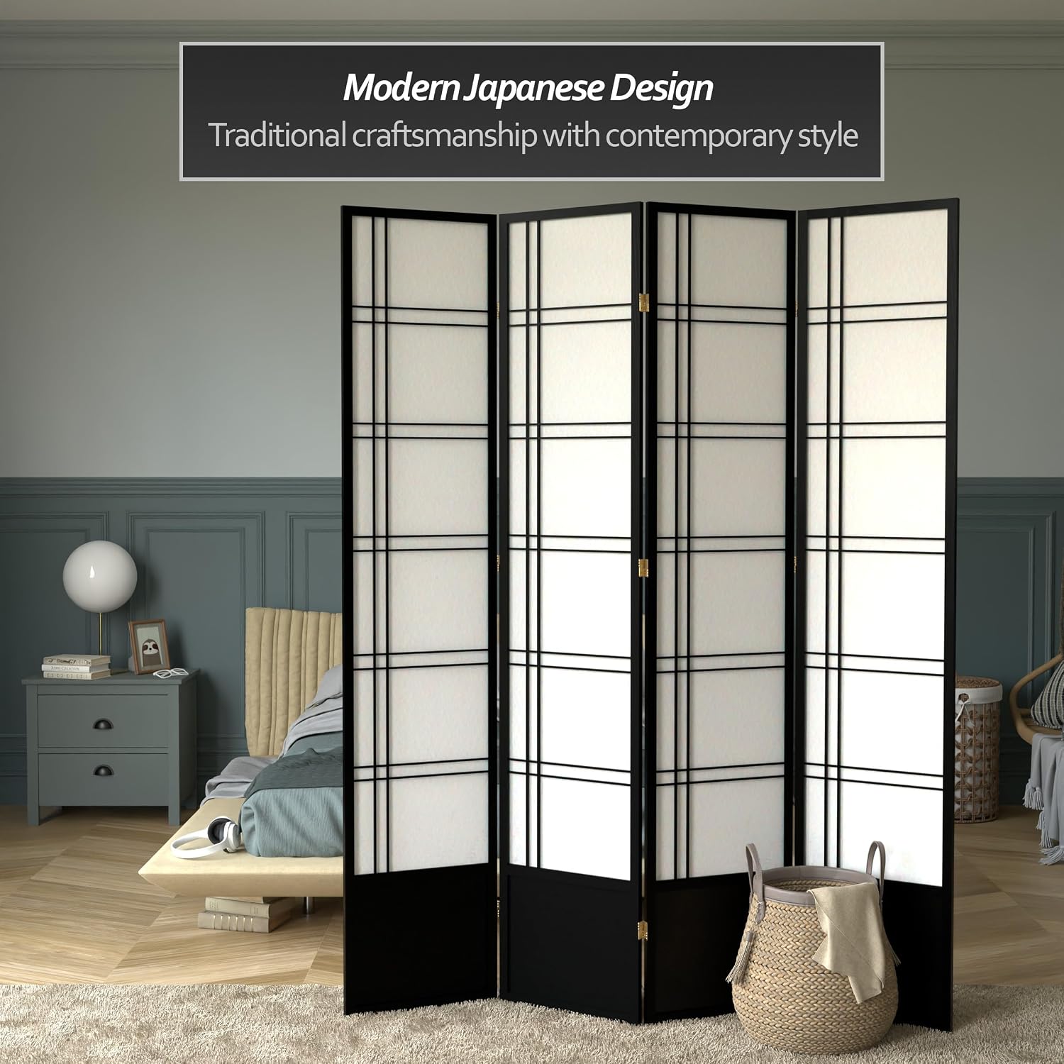 Red Lantern 7 ft. Tall Double Cross Shoji Screen - Black - 4 Panels
