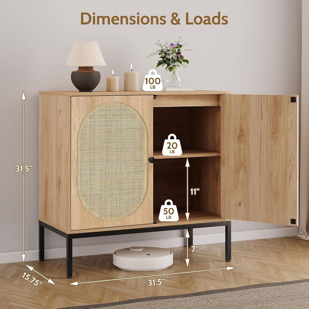 Yechen Set of 2 63' Sideboard Cabinet with Natural Rattan Hand-Woven Doors, Rattan Cabinet, Accent Buffet Storage Console Cane Credenza, for Living Room Entryway, Metal Legs/Natural