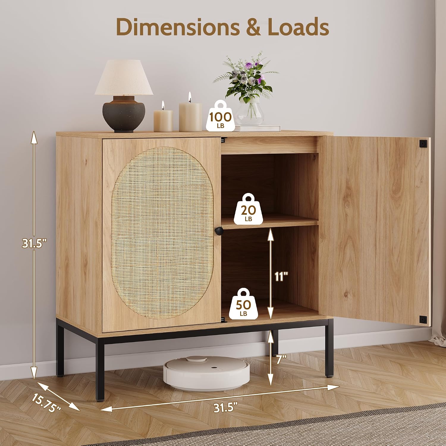 Yechen Set of 2 63' Sideboard Cabinet with Natural Rattan Hand-Woven Doors, Rattan Cabinet, Accent Buffet Storage Console Cane Credenza, for Living Room Entryway, Metal Legs/Natural