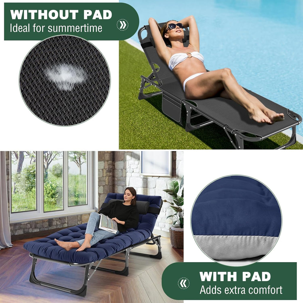 LILYPELLE Folding Outside Chaise Lounge Chair with Mattress, 5 Position Adjustable Patio Folding Lounge Chair Reclining Chairs Perfect for Sunbathing, Camping, Pool, Beach, Patio
